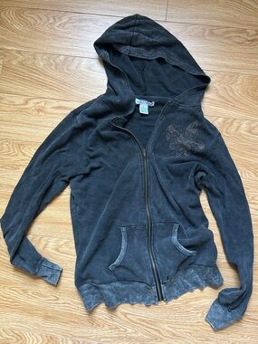 Faded Black Hooded Zip-Up with Prints and Waffle Texture